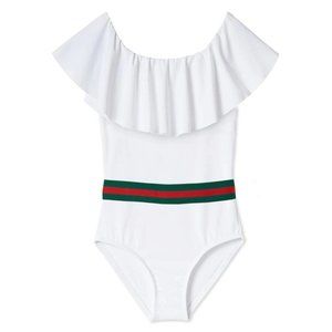 Stella Cove NWT Girls White Ruffle Red Green Fixed Belt One Piece Swimsuit Sz 2Y